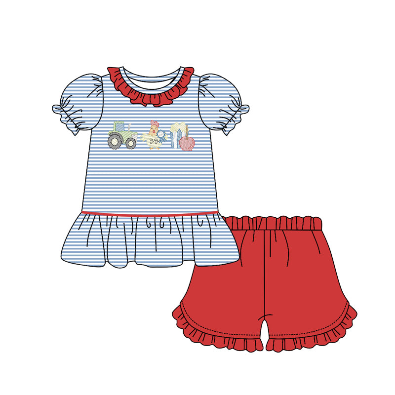 Baby Girls Truck Chicks Stripe Collar Tunic Ruffle Shorts Farm Clothes Sets Preorder
