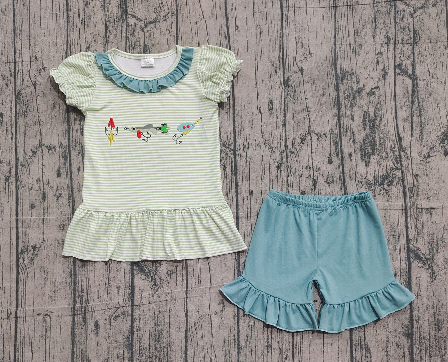 Embroidery Fishing Baby Girls Stripe Callor Tunic Ruffle Shorts Hunting Clothes Sets Preorder
