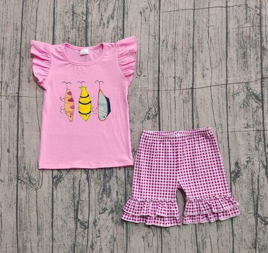 Embroidery Baby Girls Pink Fishing Top Checked Ruffle Shorts Clothes Sets Preorder