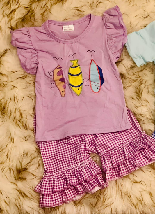 Embroidery Baby Girls Pink Fishing Top Checked Ruffle Shorts Clothes Sets Preorder