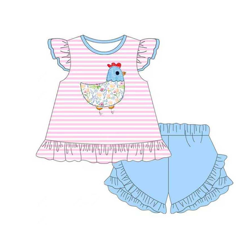 Baby Girls Stripe Floral Chick Tunic Ruffle Shorts Farm Clothes Sets Preorder