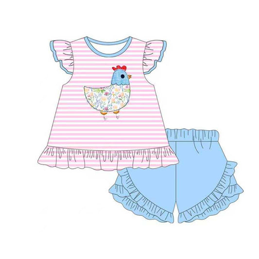 Baby Girls Stripe Floral Chick Tunic Ruffle Shorts Farm Clothes Sets Preorder