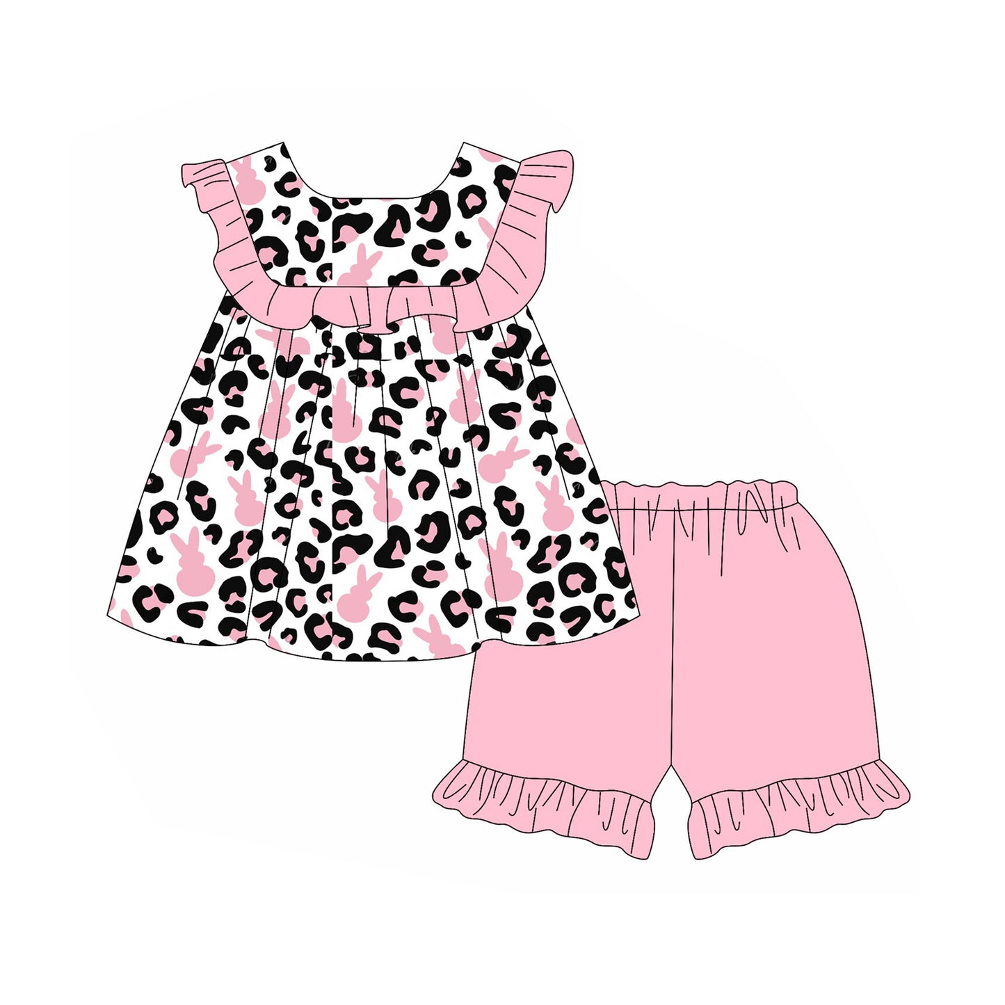 Baby Girls Pink Rabbits Leopard Tunic Ruffle Shorts Easter Clothes Sets Preorder