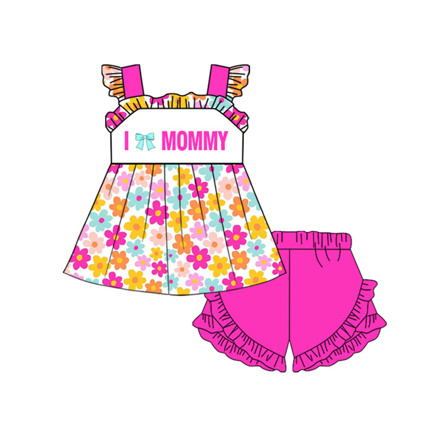 Baby Girls I Love Mommy Flowers Tunic Ruffle Shorts Clothes Sets Preorder