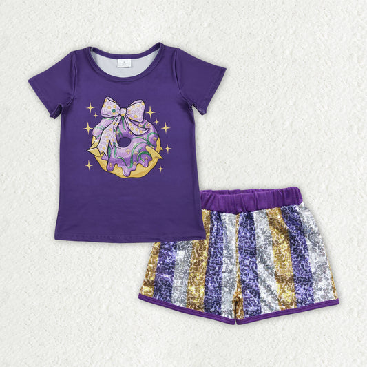 Baby Girls Purple Bows Donuts Top Stripe Sequin Shorts Mardigras Clothes Sets