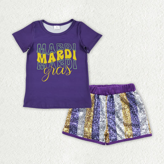 Baby Girls Purple Shirts Top Stripe Sequin Shorts Mardigras Clothes Sets