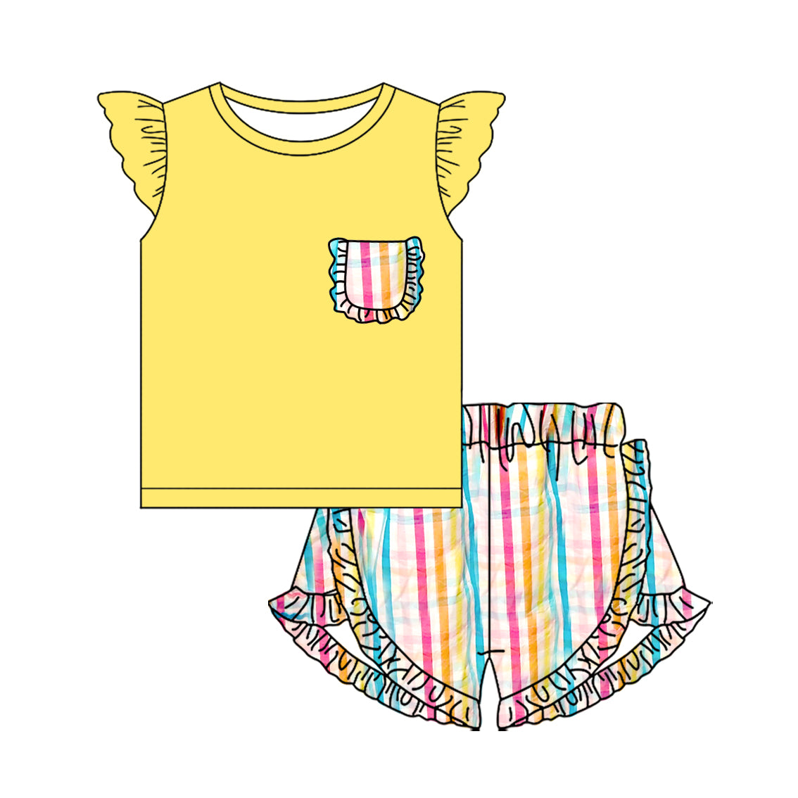 Baby Girls Colorful Stripe Pocket Top Ruffle Shorts Clothes Sets Preorder