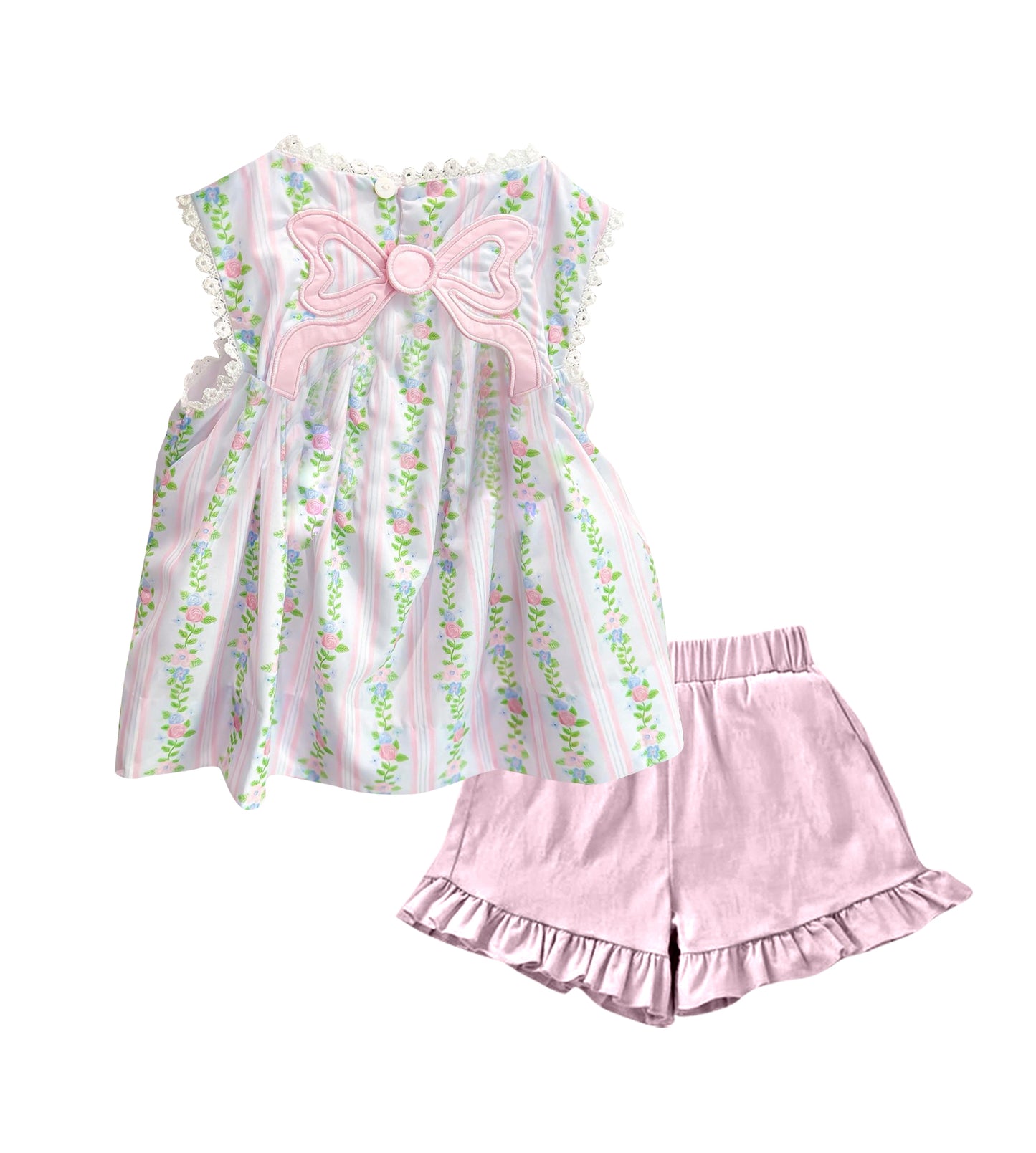 Baby Girls Pink Bows Flowers Stripe Tunic Ruffle Shorts Clothes Sets Preorder