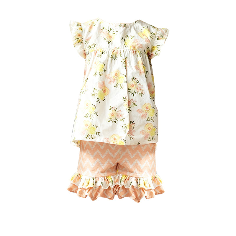 Baby Girls Light Pink Flowers Tunic Ruffle Shorts Clothes Sets Preorder