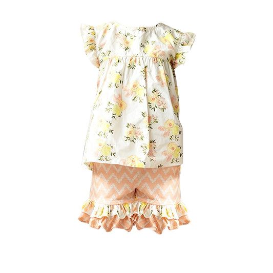 Baby Girls Light Pink Flowers Tunic Ruffle Shorts Clothes Sets Preorder