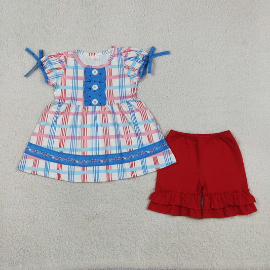 Baby Girls Red Blue Checked Button Tunic Ruffle Shorts July 4th Clothes Sets