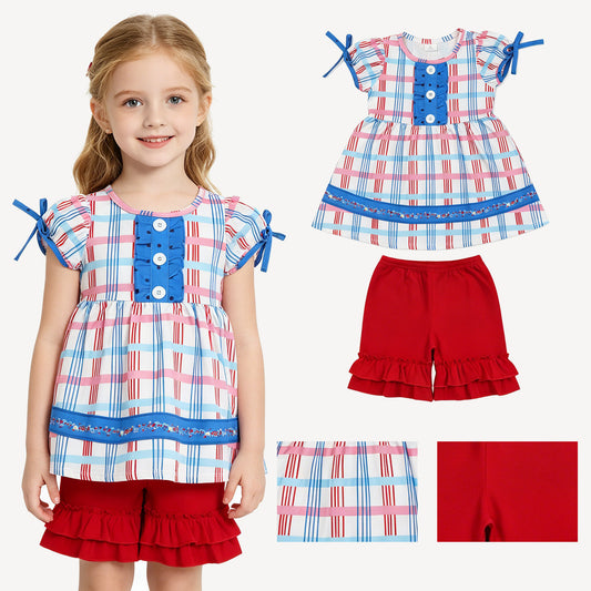 Baby Girls Red Blue Checked Button Tunic Ruffle Shorts July 4th Clothes Sets