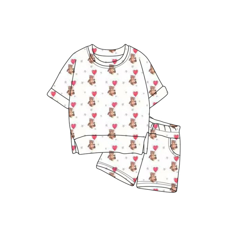 Baby Girls Hearts Bears Top Pockets Shorts Valentine Clothes Sets Preorder