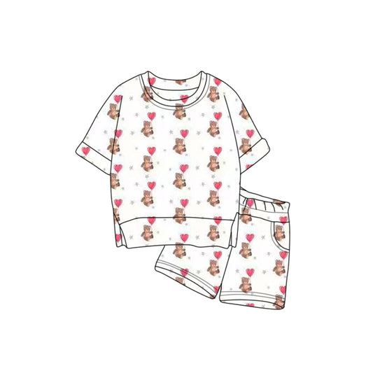 Baby Girls Hearts Bears Top Pockets Shorts Valentine Clothes Sets Preorder