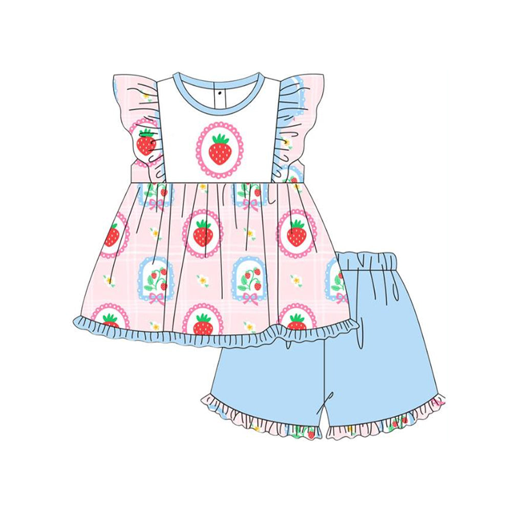 Baby Girls Bows Strawberry Flutter Sleeve Tunic Ruffle Shorts Clothes Sets Preorder