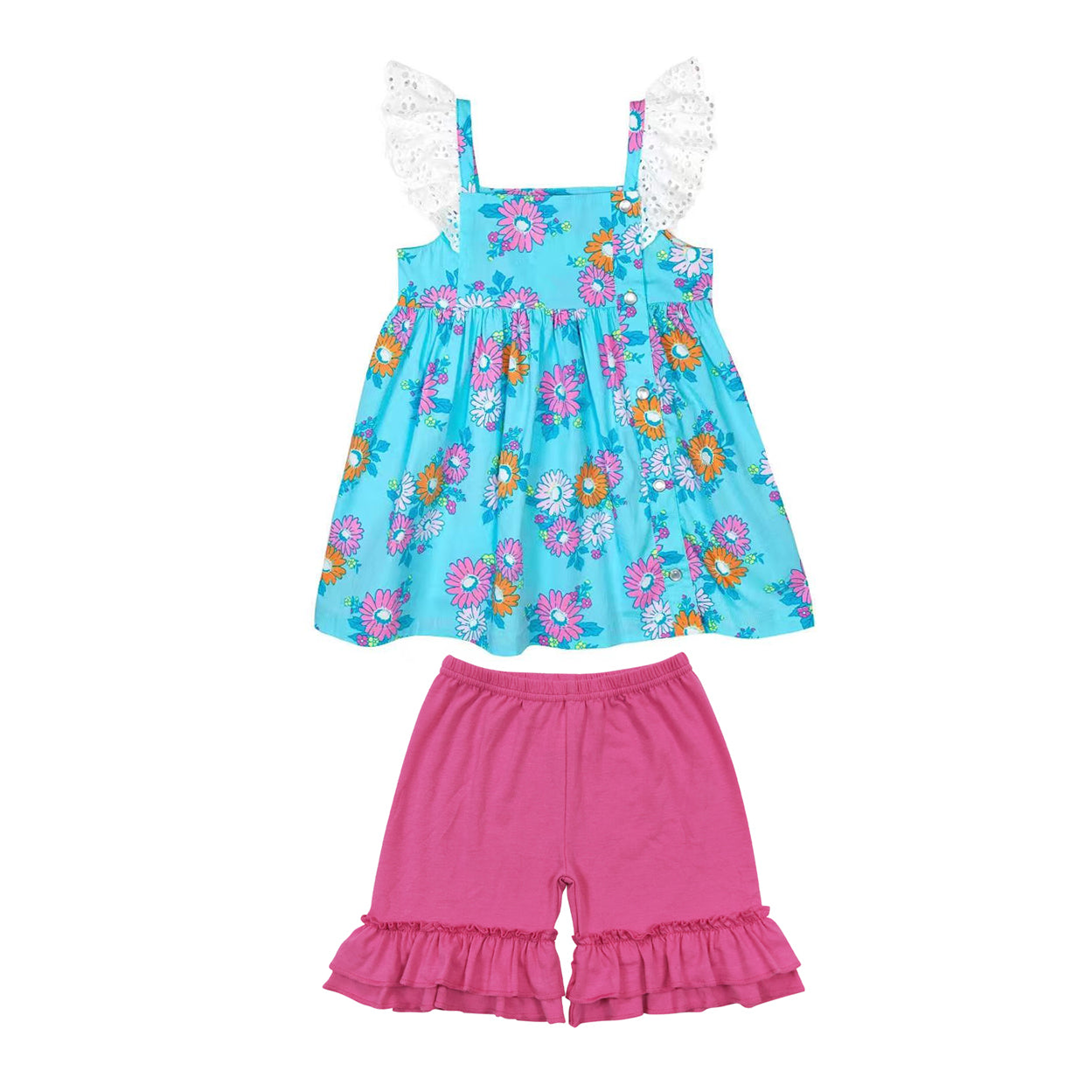 Baby Girls Flutter Sleeve Flowers Tunic Ruffle Shorts Clothes Sets Preorder