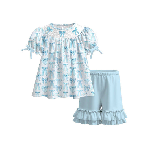 Baby Girls Blue Bows Plaid Tunic Ruffle Shorts Clothes Sets Preorder