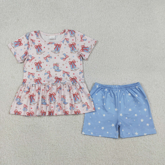 Sibling Baby Girls Red Blue Bows Boots Ruffle Tunic Shorts 4th of July Clothes Sets