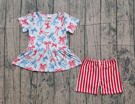 Baby Girls Red Blue Bows Tunic Stripe Shorts July 4th Clothes Sets Preorder