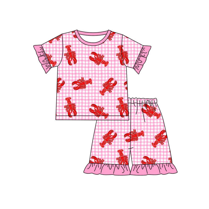 Baby Boys Girls Pink Checked Crayfishes Top Ruffle Shorts Pajamas Sets Preorder