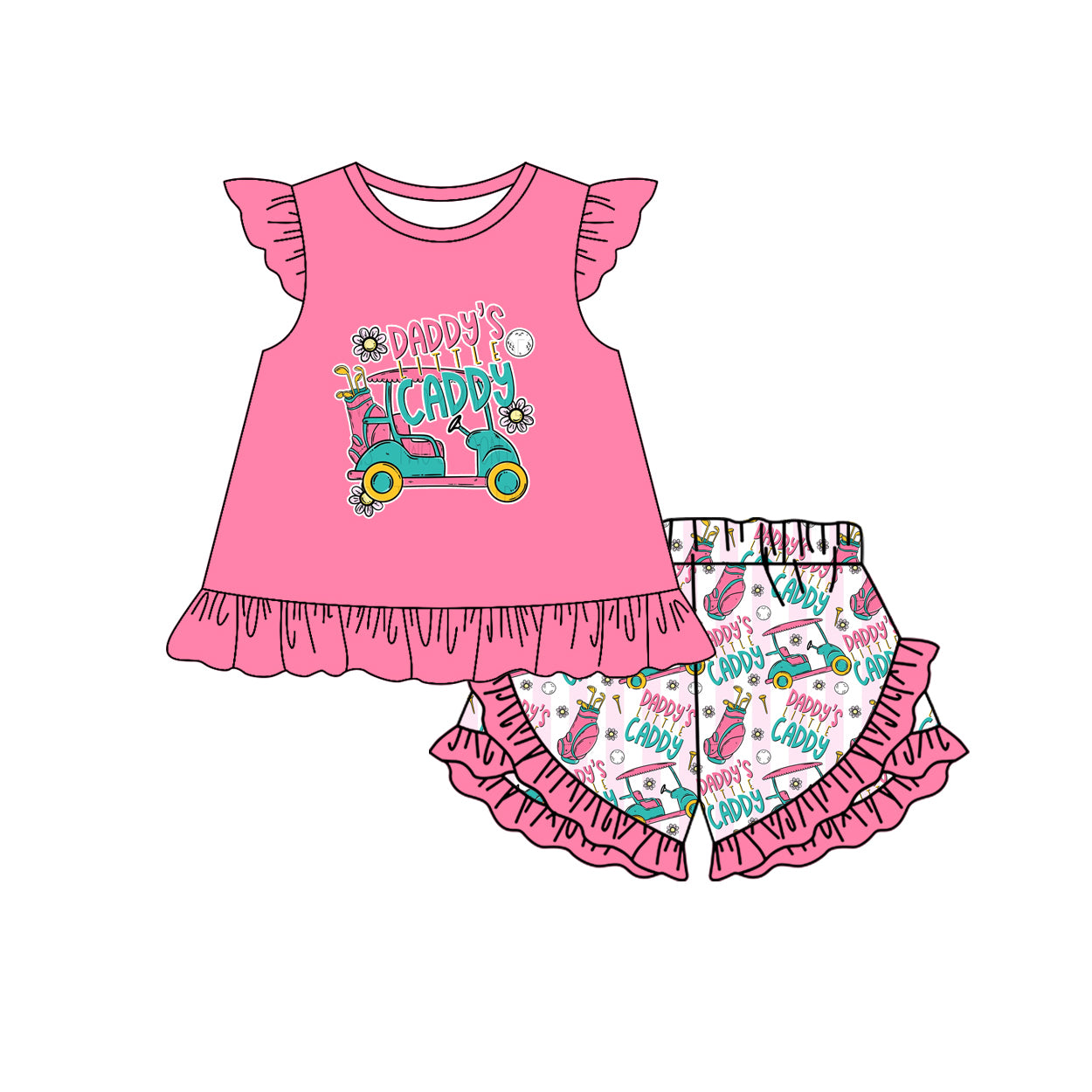 Baby Girls Daddy's Caddy Golf Trucks Tunic Ruffle Shorts Clothes Sets Preorder