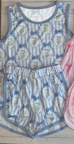 Baby Girls Sleeveless Blue Stripes Bows Flowers Top Short Clothes Sets Preorder