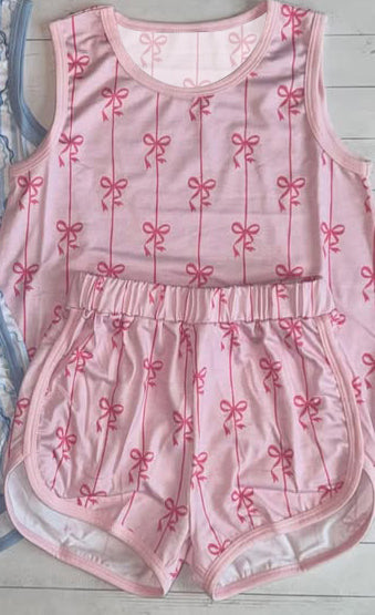 Baby Girls Sleeveless Pink Stripes Bows Top Short Clothes Sets Preorder
