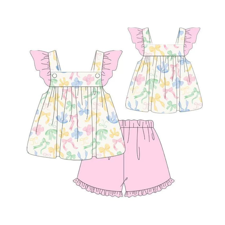 Baby Girls Colorful Bows Flutter Sleeve Tunic Ruffle Shorts Clothes Sets Preorder
