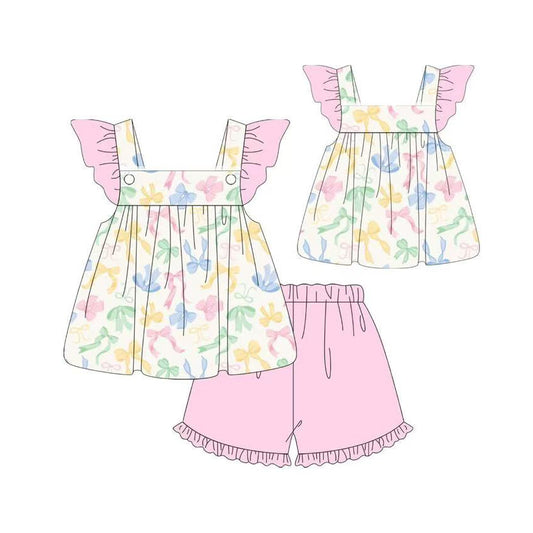 Baby Girls Colorful Bows Flutter Sleeve Tunic Ruffle Shorts Clothes Sets Preorder