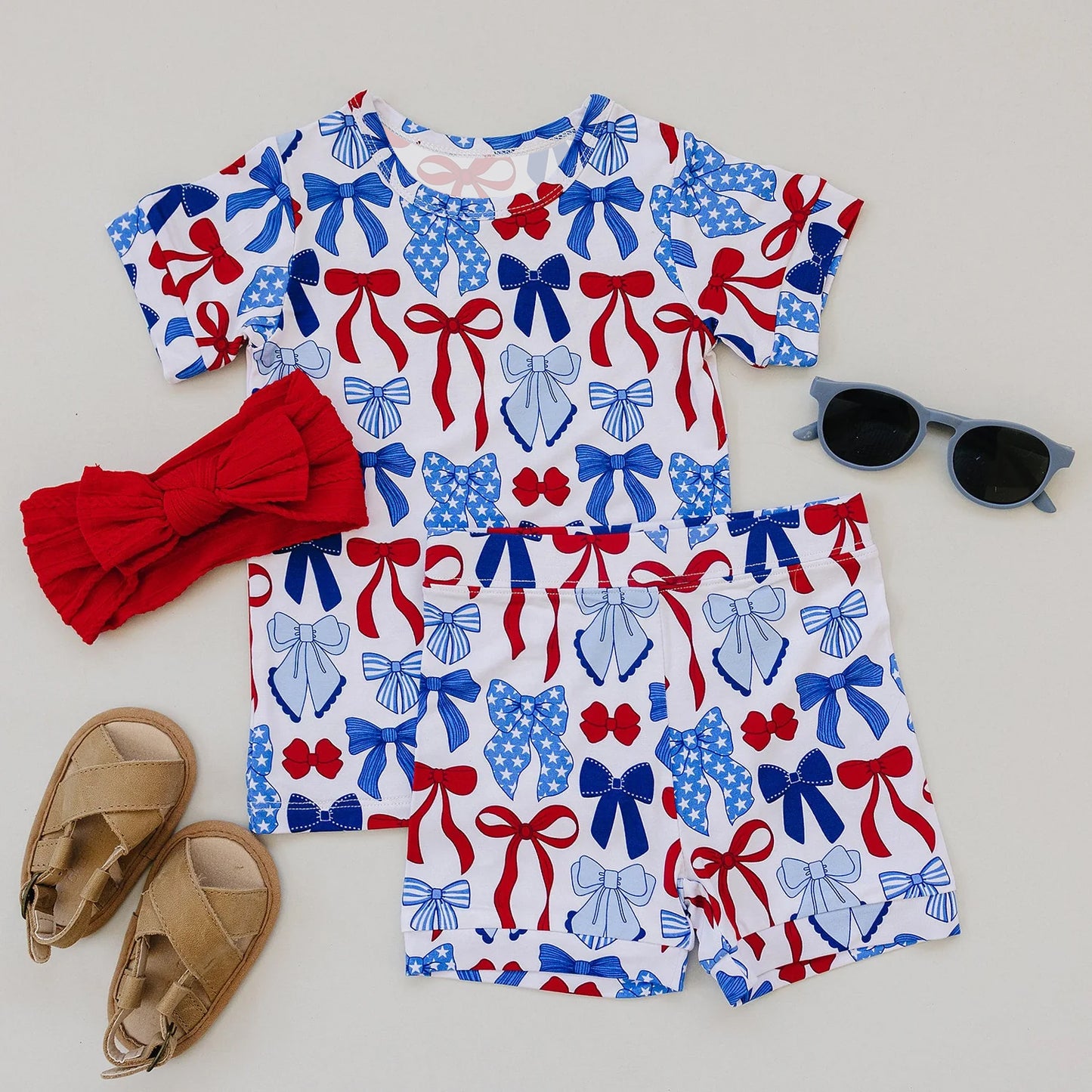 Baby Girls Red Blue Bows Plaid Top Shorts July 4th Pajamas Sets Preorder