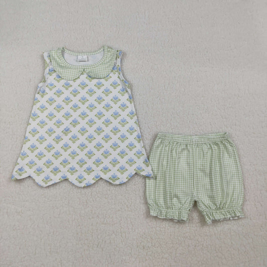 Sibling Baby Girls Flowers Checked Collar Scallop Tunic Ruffle Short Clothes Set Rompers