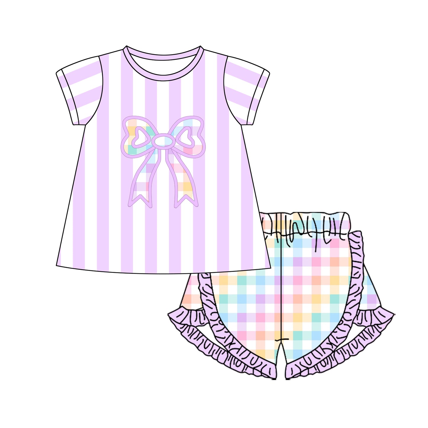 Baby Girls Pink Stripe Bows Tunic Checked Ruffle Shorts Clothes Sets Preorder