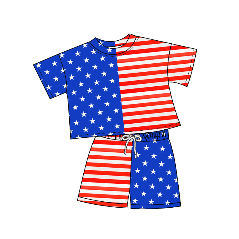 Baby Girls Blue Red Stars Stripe Top Shorts July 4th Clothes Sets Preorder