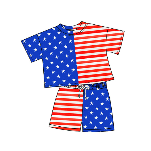 Baby Girls Blue Red Stars Stripe Top Shorts July 4th Clothes Sets Preorder