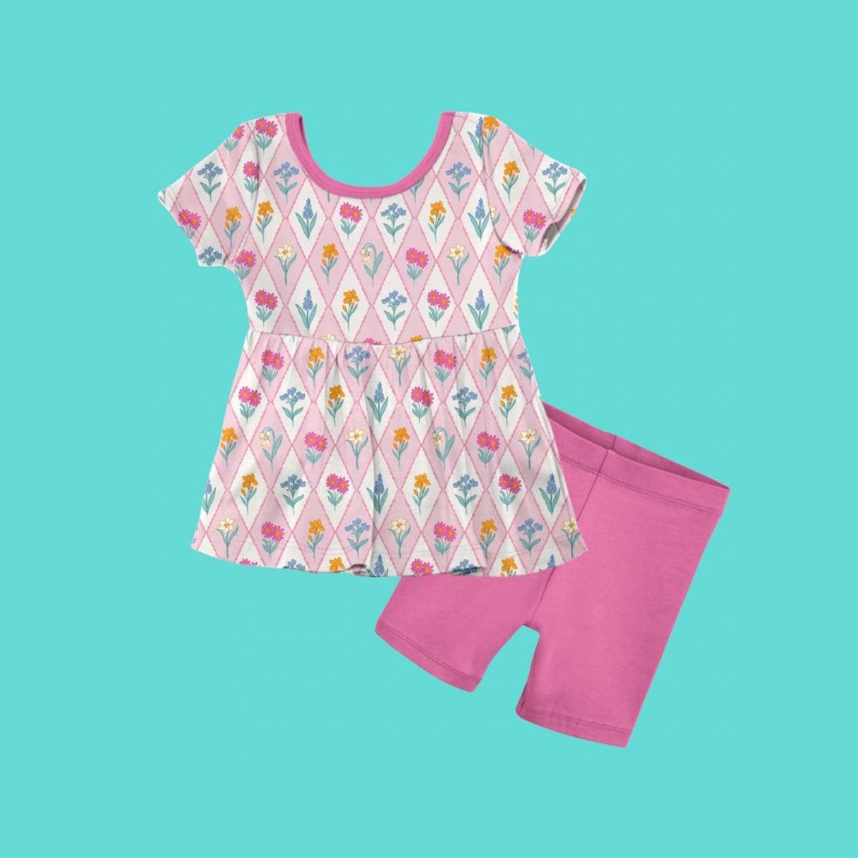 Baby Girls Flowers Checked Tunic Shorts Clothes Sets Preorder