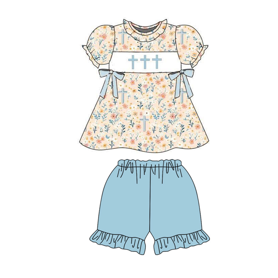 Baby Girls Floral Crosses Tunic Ruffle Shorts Easter Clothes Sets Preorder
