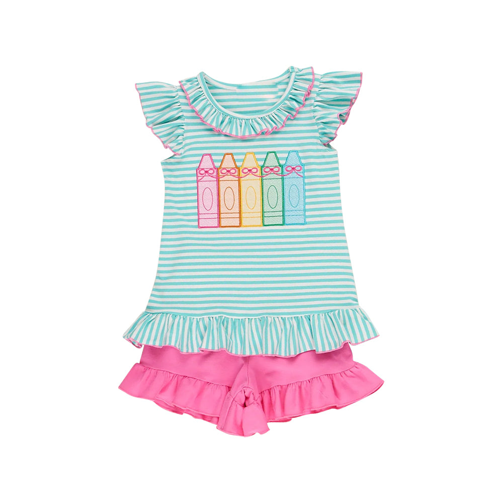 Baby Girls Stripe Bows Pencils Tunic Ruffle Shorts Back to School Clothes Sets Preorder