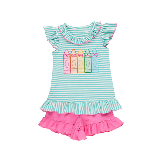 Baby Girls Stripe Bows Pencils Tunic Ruffle Shorts Back to School Clothes Sets Preorder