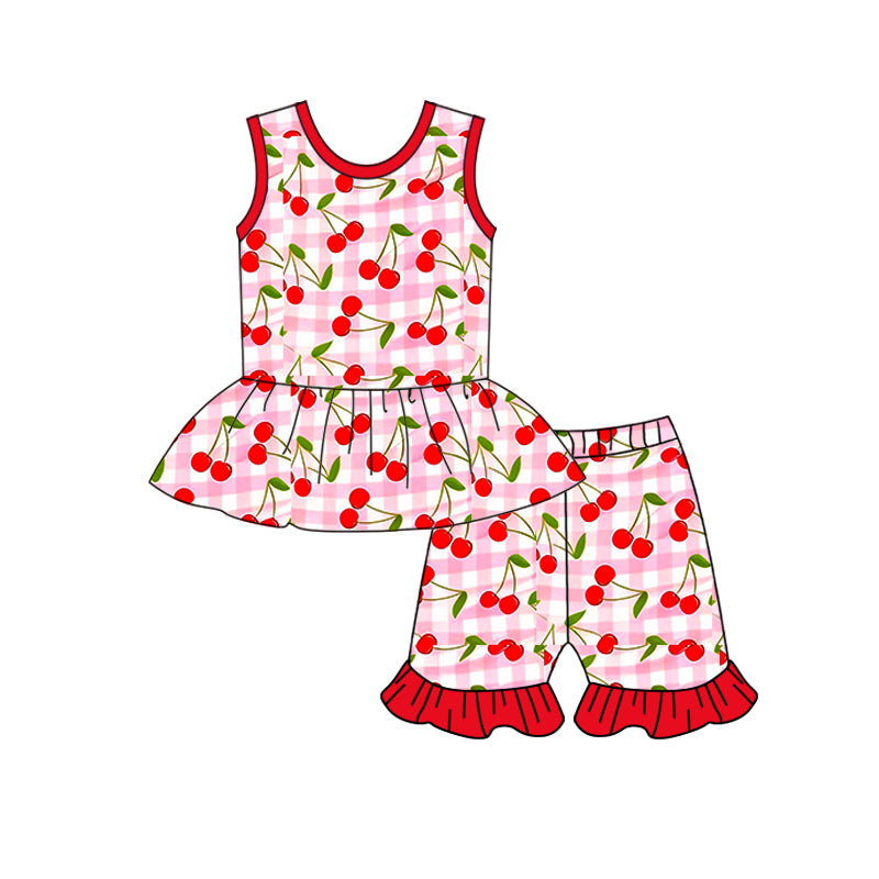 Baby Girls Pink Checked Cherry Tunic Ruffle Shorts Clothes Sets Preorder