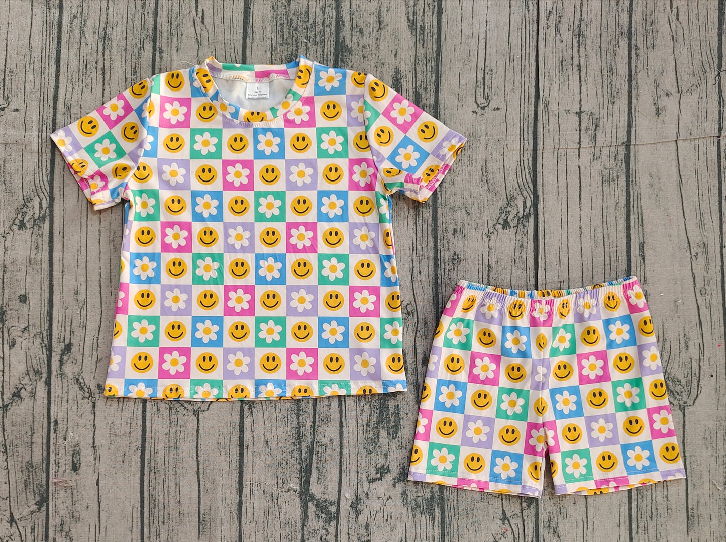 Baby Girls Colorful Smile Flowers Checked Pockets Shorts Clothes Sets