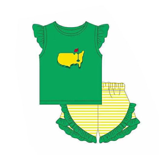 Baby Girls Green Golf Flags Top Ruffle Shorts Clothes Sets Preorder