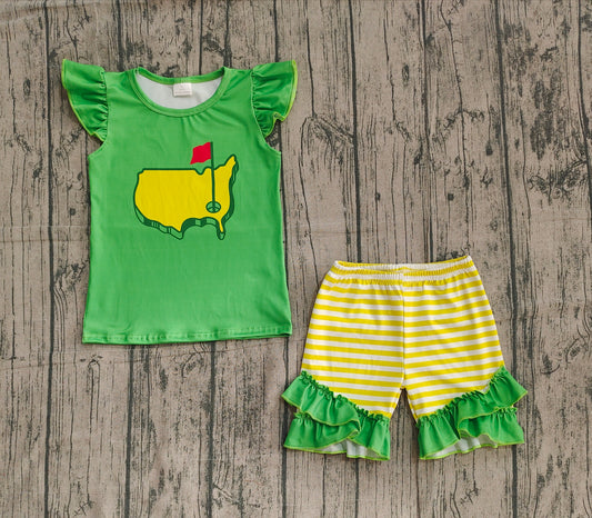 Baby Girls Flutter Sleeve Green Golf Flags Top Ruffle Shorts Clothes Sets