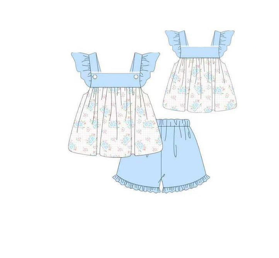 Baby Girls Blue Flowers Tunic Ruffle Shorts Clothes Sets Preorder
