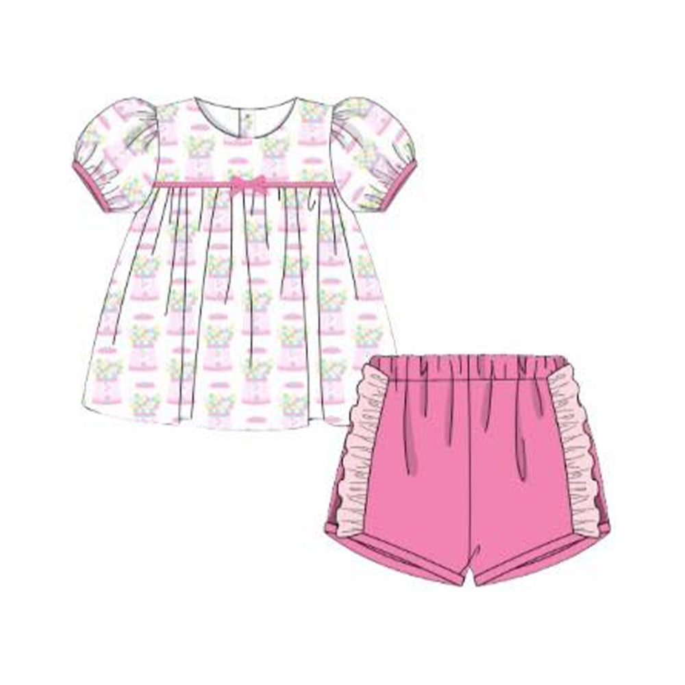 Baby Girls Pink Flowers Plaid Tunic Ruffle Shorts Clothes Sets Preorder
