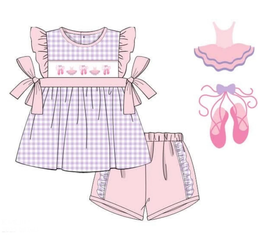 Baby Girls Pink Checked Dance Shoes Tunic Ruffle Shorts Clothes Sets Preorder