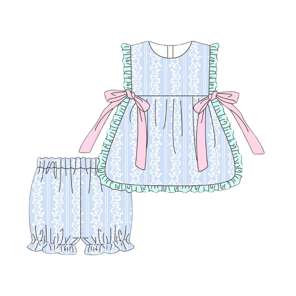 Baby Girls Blue Flowers Stripe Bows Tunic Ruffle Shorts Clothes Sets Preorder