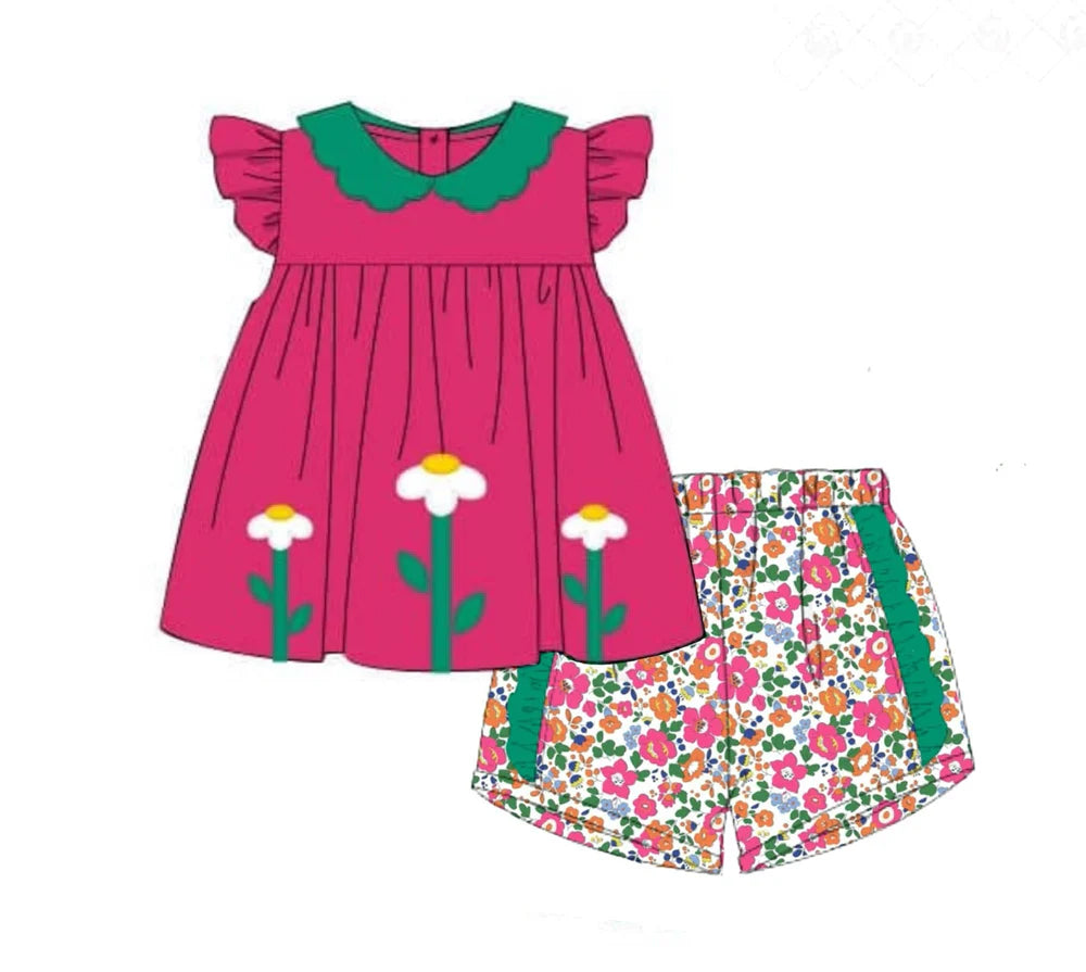 Baby Girls Red Flowers Tunic Ruffle Shorts Clothes Sets Preorder