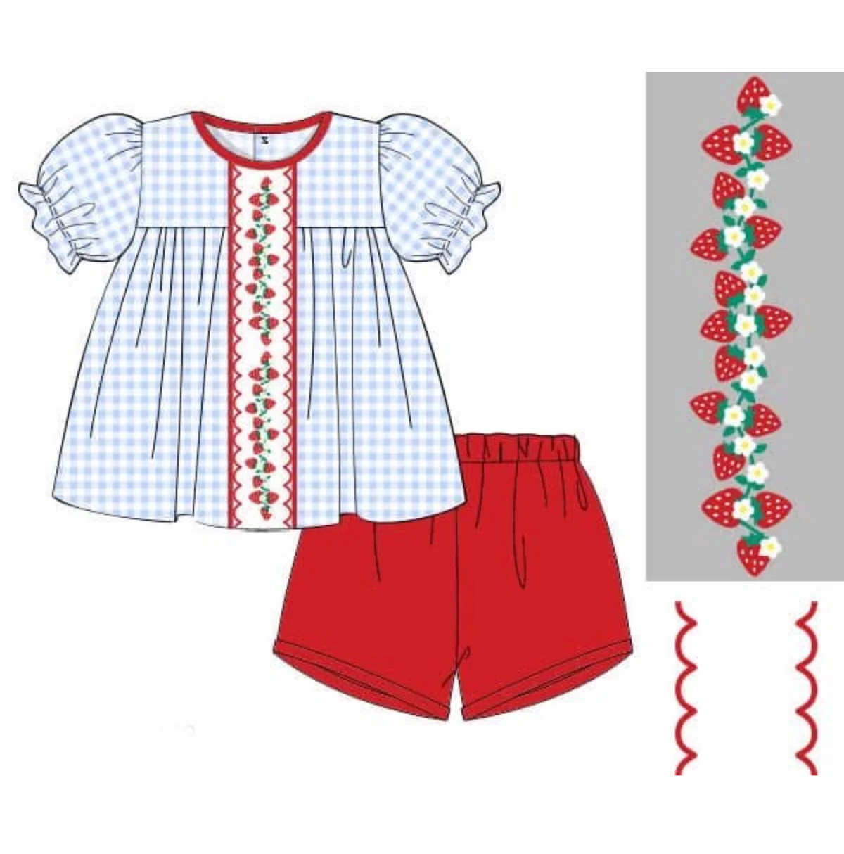 Baby Girls Strawberry Flowers Checked Tunic Shorts Clothes Sets Preorder