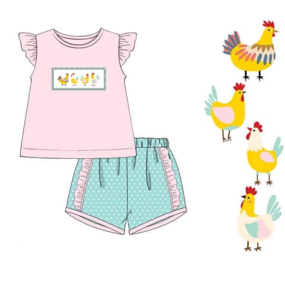 Baby Girls Farm Chicks Tunic Ruffle Shorts Clothes Sets Preorder