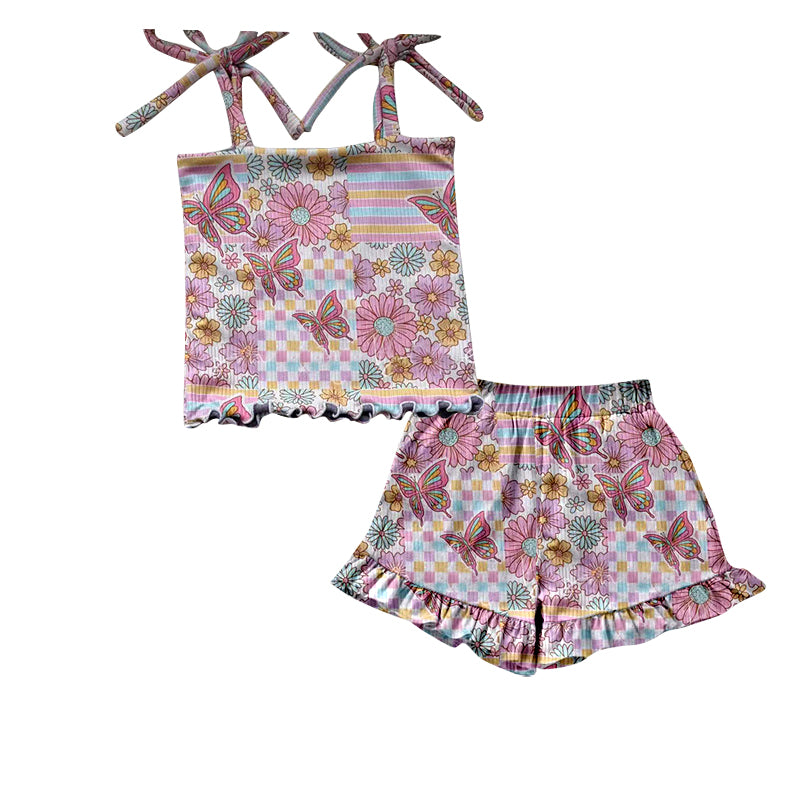 Baby Girls Strap Floral Butterfly Top Ruffle Shorts Clothes Sets Preorder